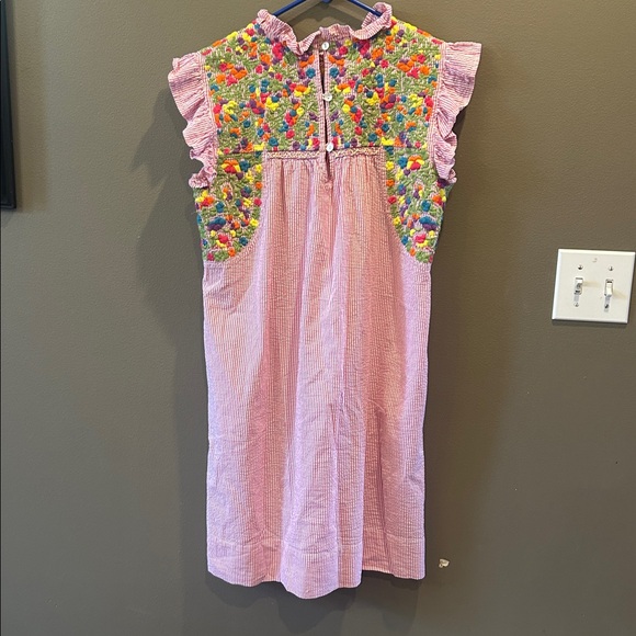 Sister Mary Floral Embroidered Seersucker Dress Cottagecore Boho Womens Sm - Picture 5 of 7